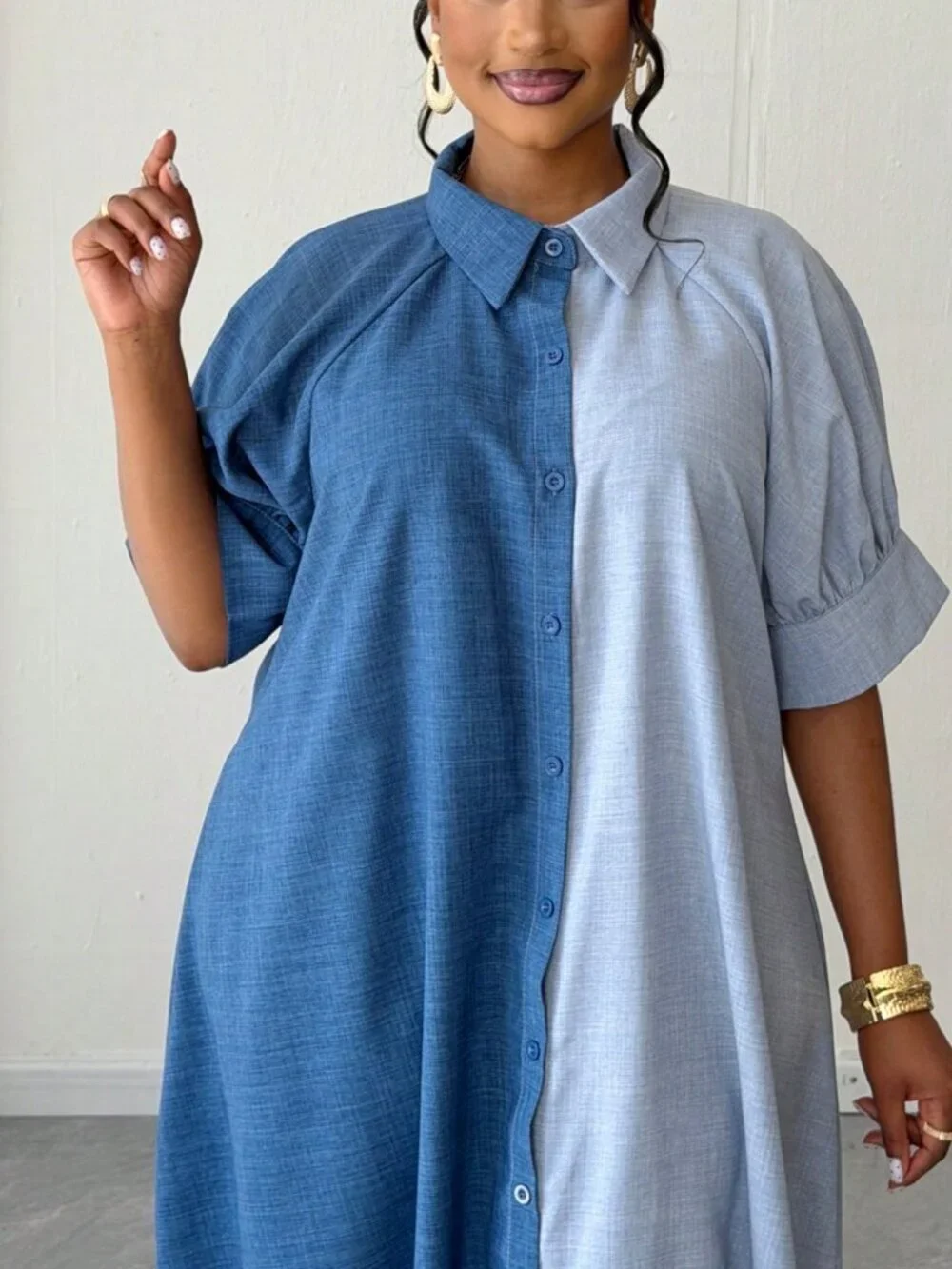 Blue Casual Women's Plus Size  Short Sleeve Single-Breasted Shirt Dress